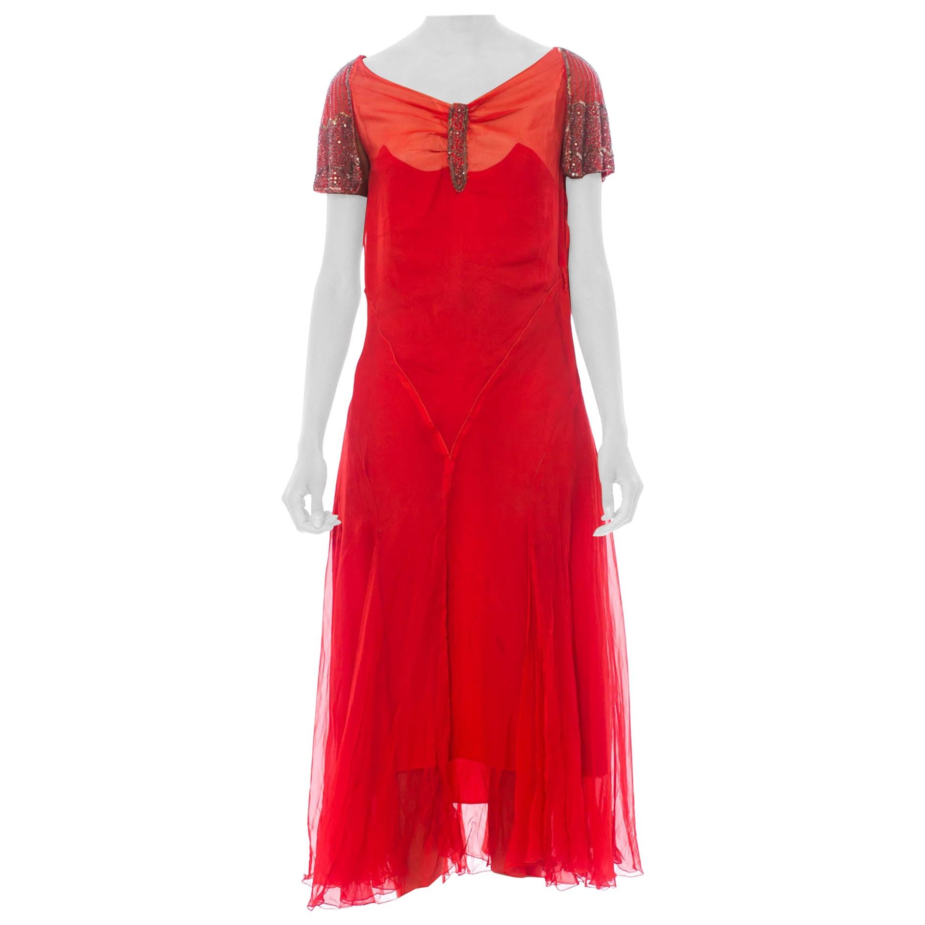 1920S Red Silk Chiffon Silver Beaded  Cocktail Dress With Original Lining