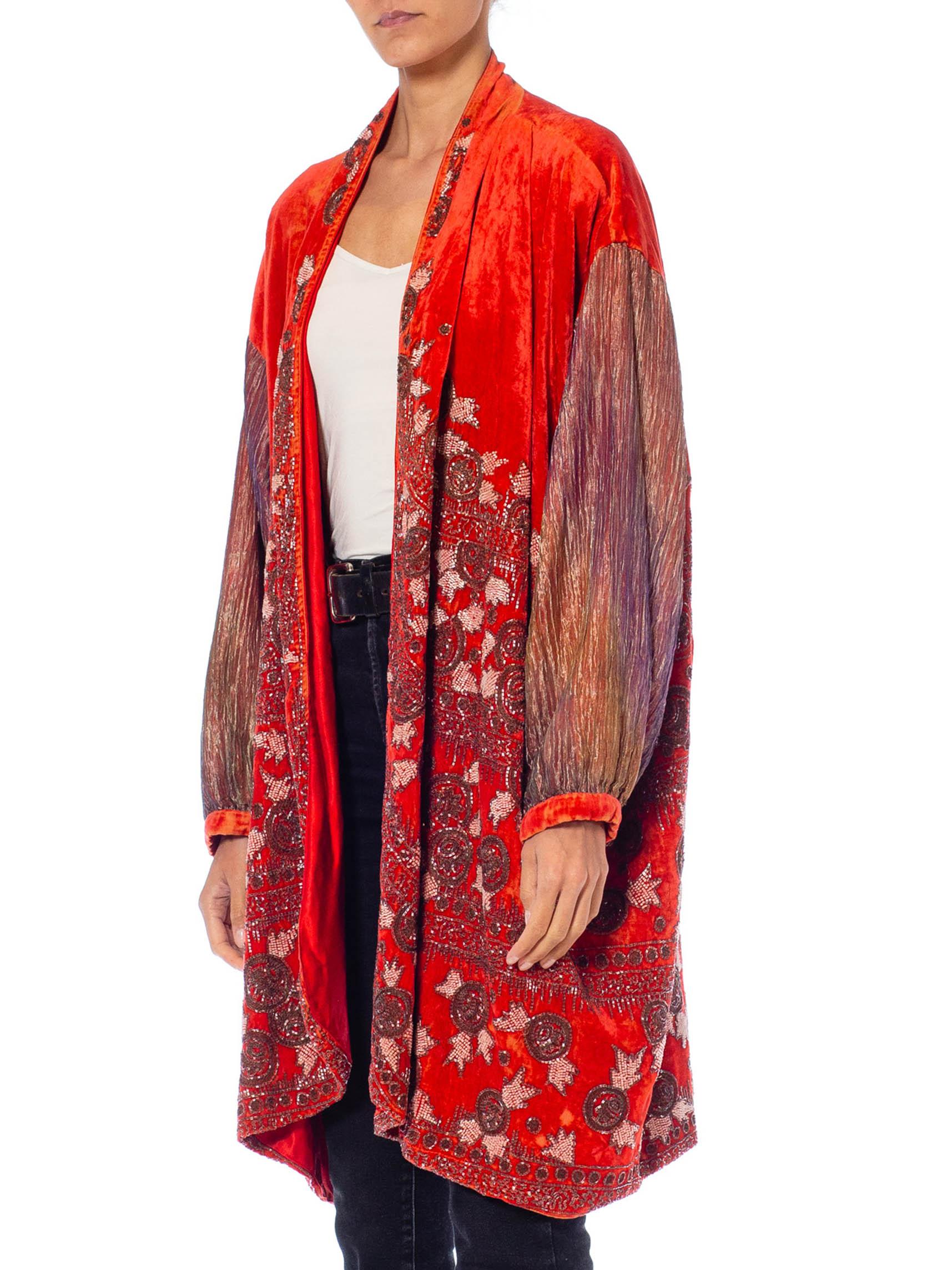 1920S Red Silk Velvet Beaded Opera Coat From Paris In Excellent Condition For Sale In New York, NY