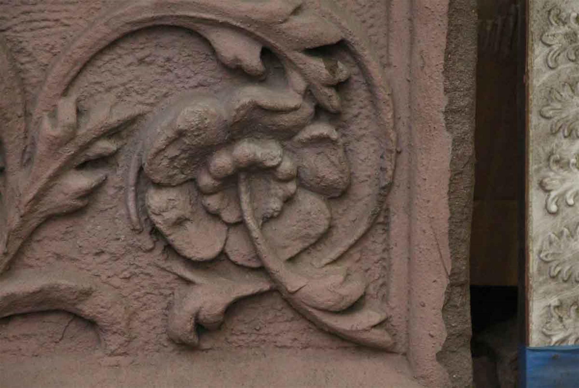 American 1920s Red Terracotta Pink Colored Floral Stone NYC Building Facade For Sale