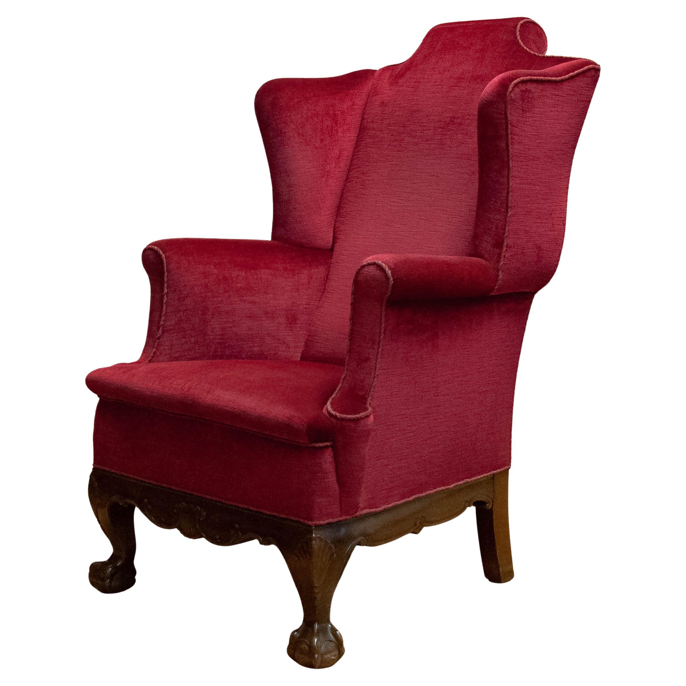 1920s Red Velvet Chippendale  / George Wingback Chair With Claw And Ball Feet
