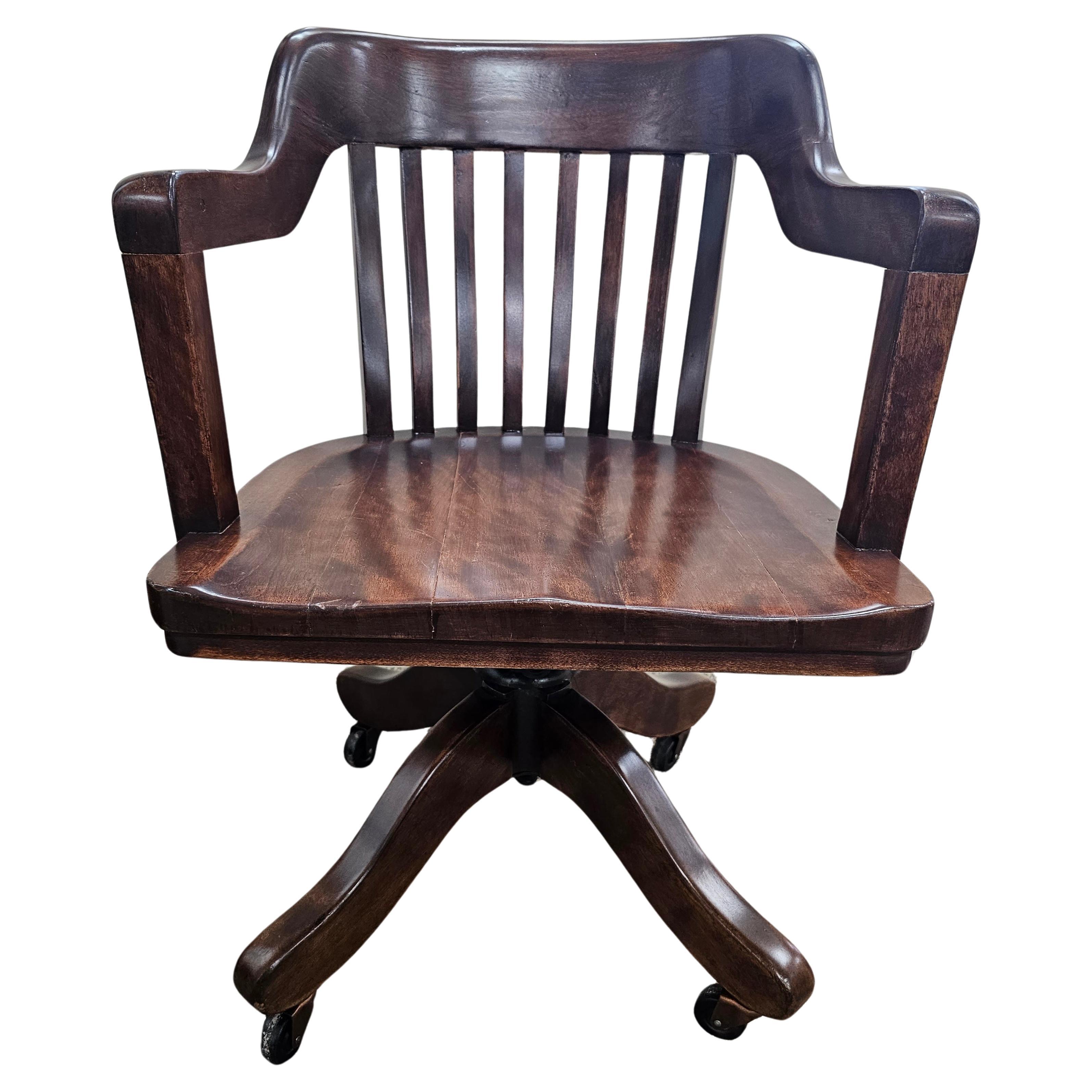 Edwardian 1920s Refinished Walnut Swivelling And Tilting Rolling Banker's Office Chair