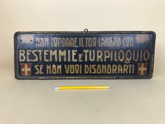 1920s Remarkable Vintage Italian Moral Sign in Tin on a Wooden Board
