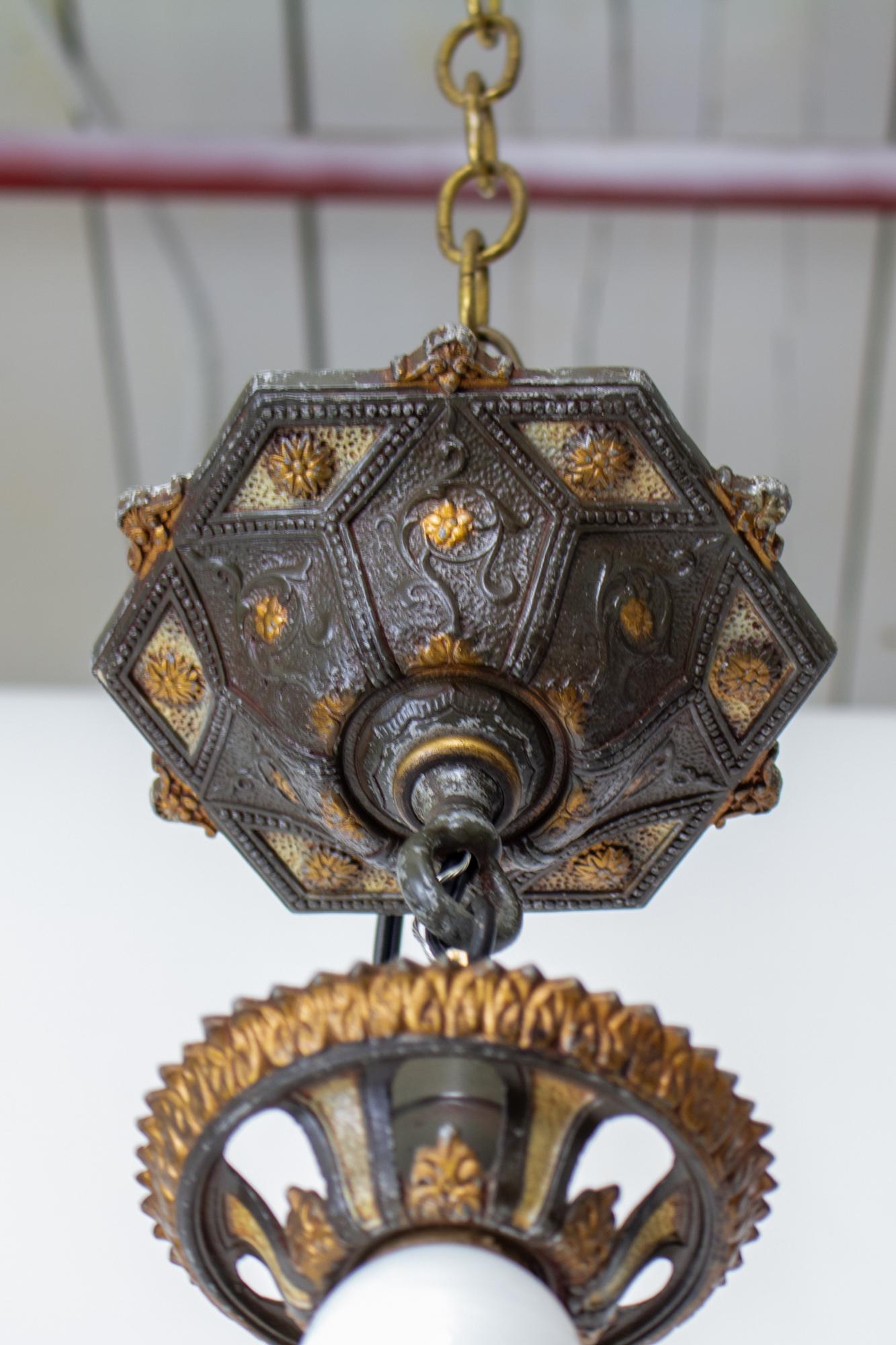 American 1920's Riddle Polychrome Pendant Light For Sale