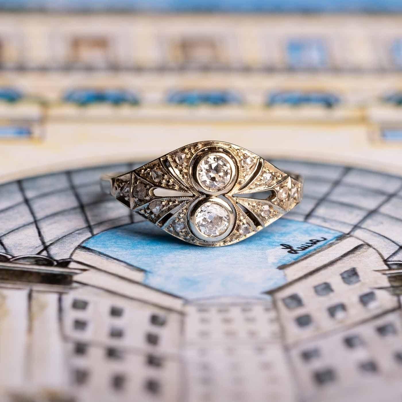 Women's or Men's 1920s ring with two diamonds white gold