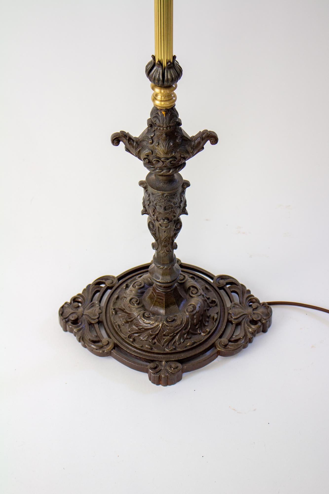 1920’s Rococo Revival Cast iron and Brass Bridge Lamp with Shade 4