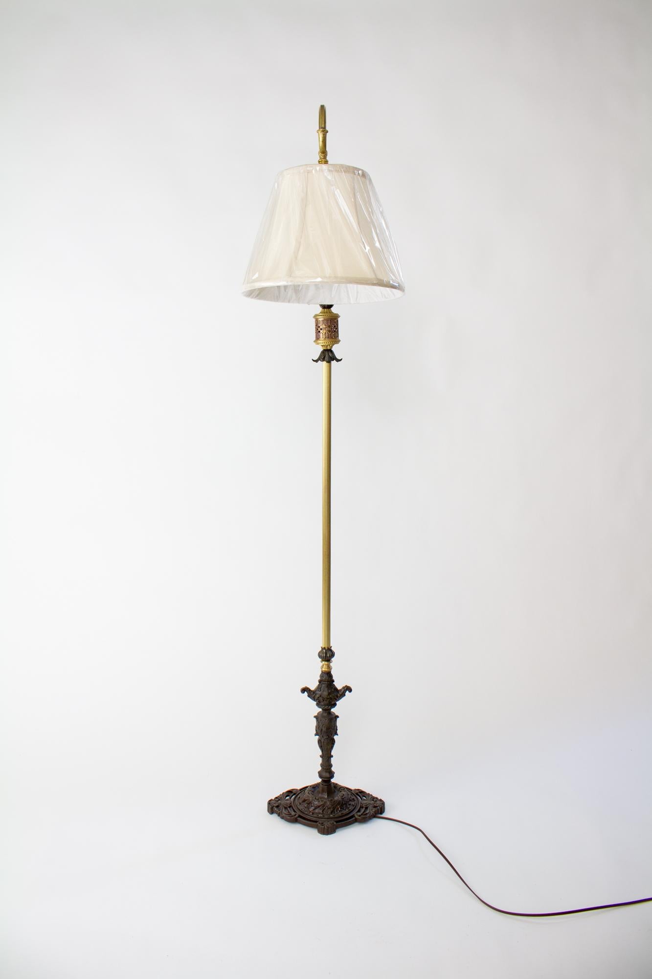 American 1920’s Rococo Revival Cast iron and Brass Bridge Lamp with Shade For Sale
