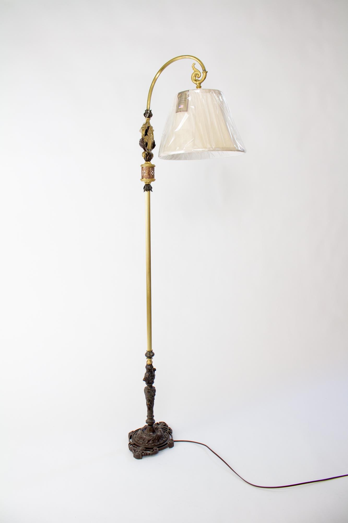 1920’s Rococo Revival Cast iron and Brass Bridge Lamp with Shade In Excellent Condition For Sale In Canton, MA