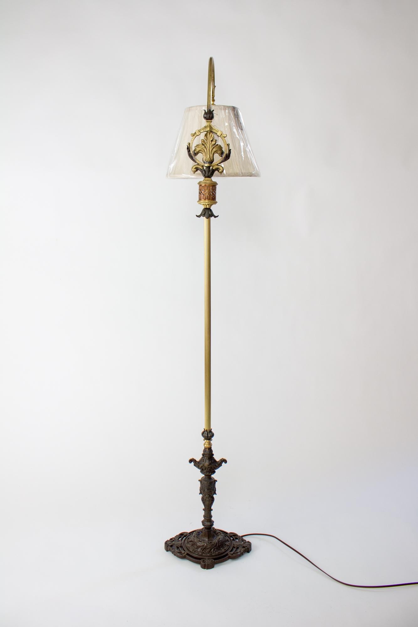 20th Century 1920’s Rococo Revival Cast iron and Brass Bridge Lamp with Shade For Sale