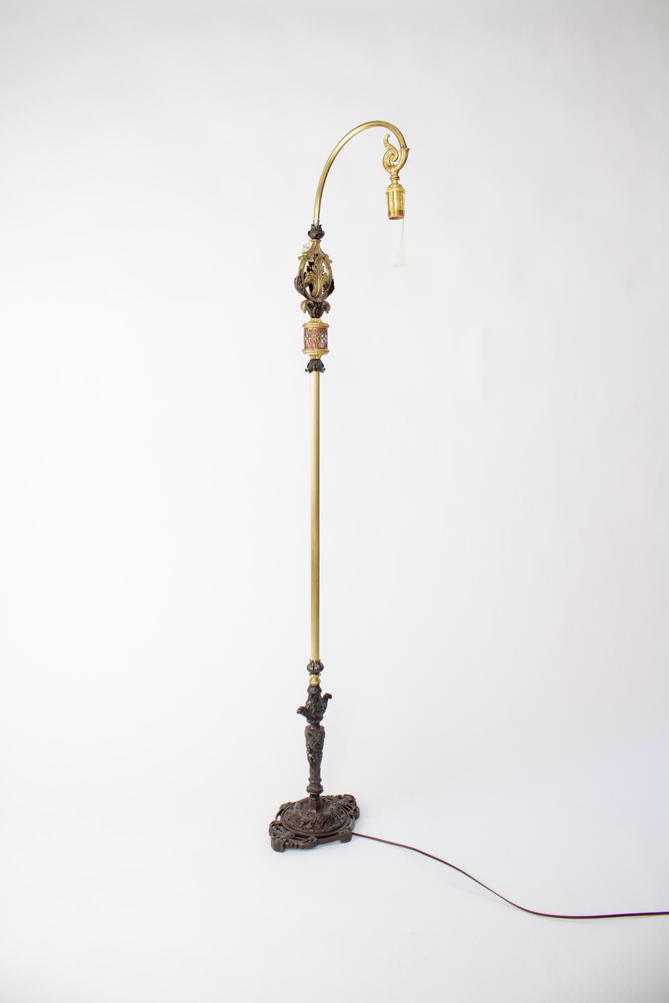 1920’s Rococo Revival Cast iron and Brass Bridge Lamp with Shade For Sale 1