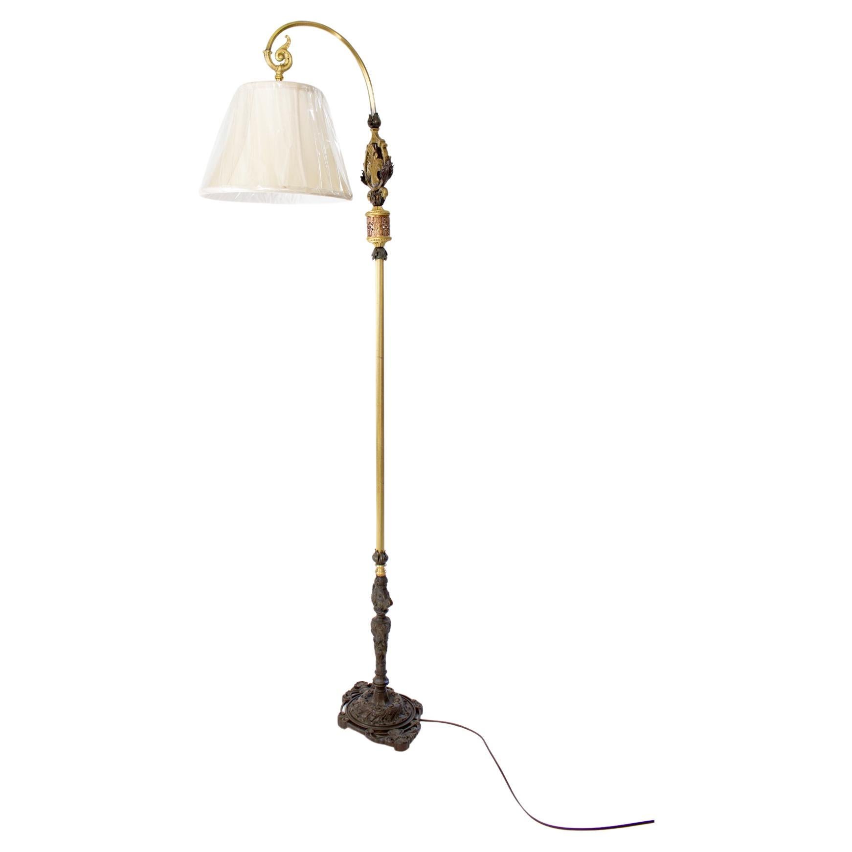 1920’s Rococo Revival Cast iron and Brass Bridge Lamp with Shade For Sale