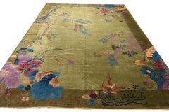 1920s Room Size Wool Green Floral Modern Antique Chinese Art Deco Carpet Rug