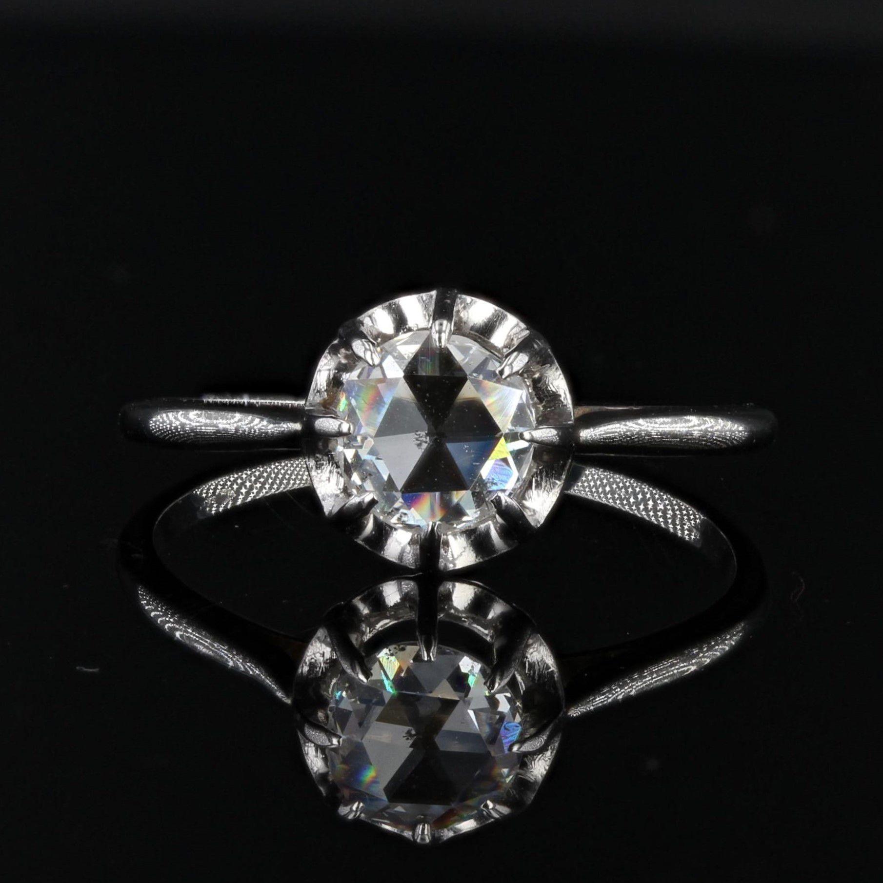 Belle Époque 1920s Rose-Cut Diamond 18 Karat White Gold Solitaire Ring