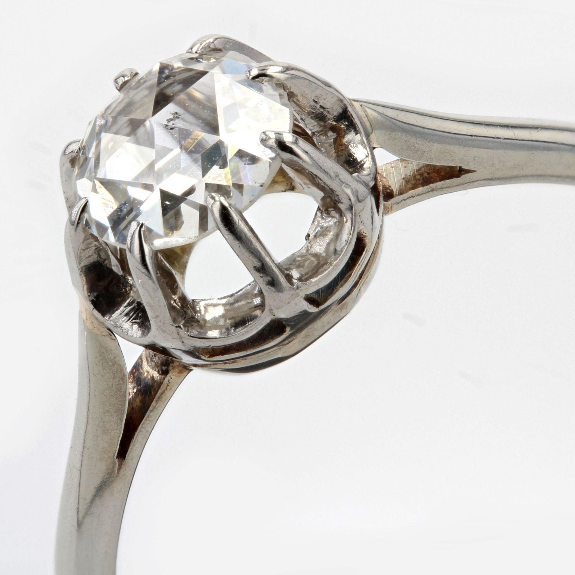 1920s Rose-Cut Diamond 18 Karat White Gold Solitaire Ring 1