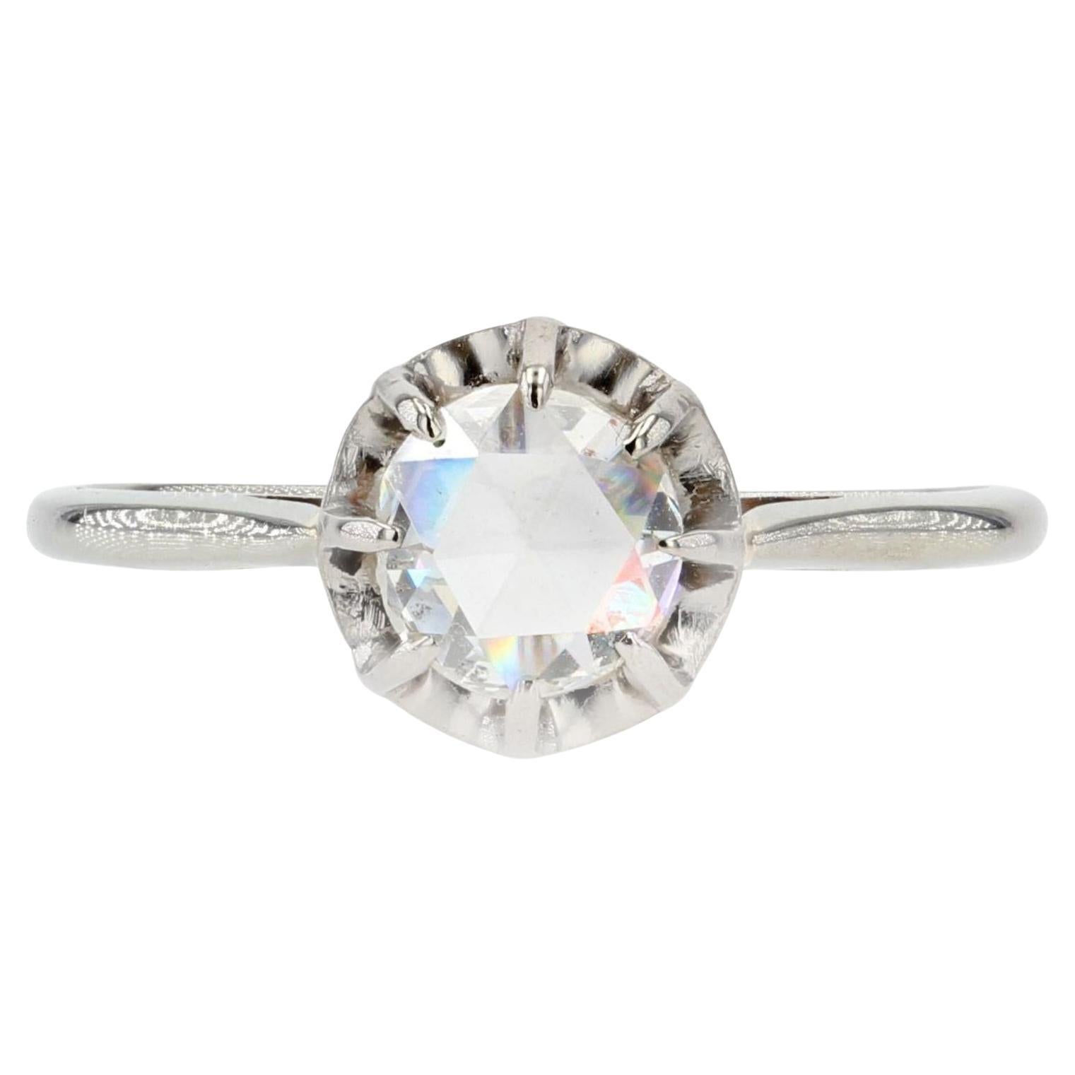 1920s Rose-Cut Diamond 18 Karat White Gold Solitaire Ring