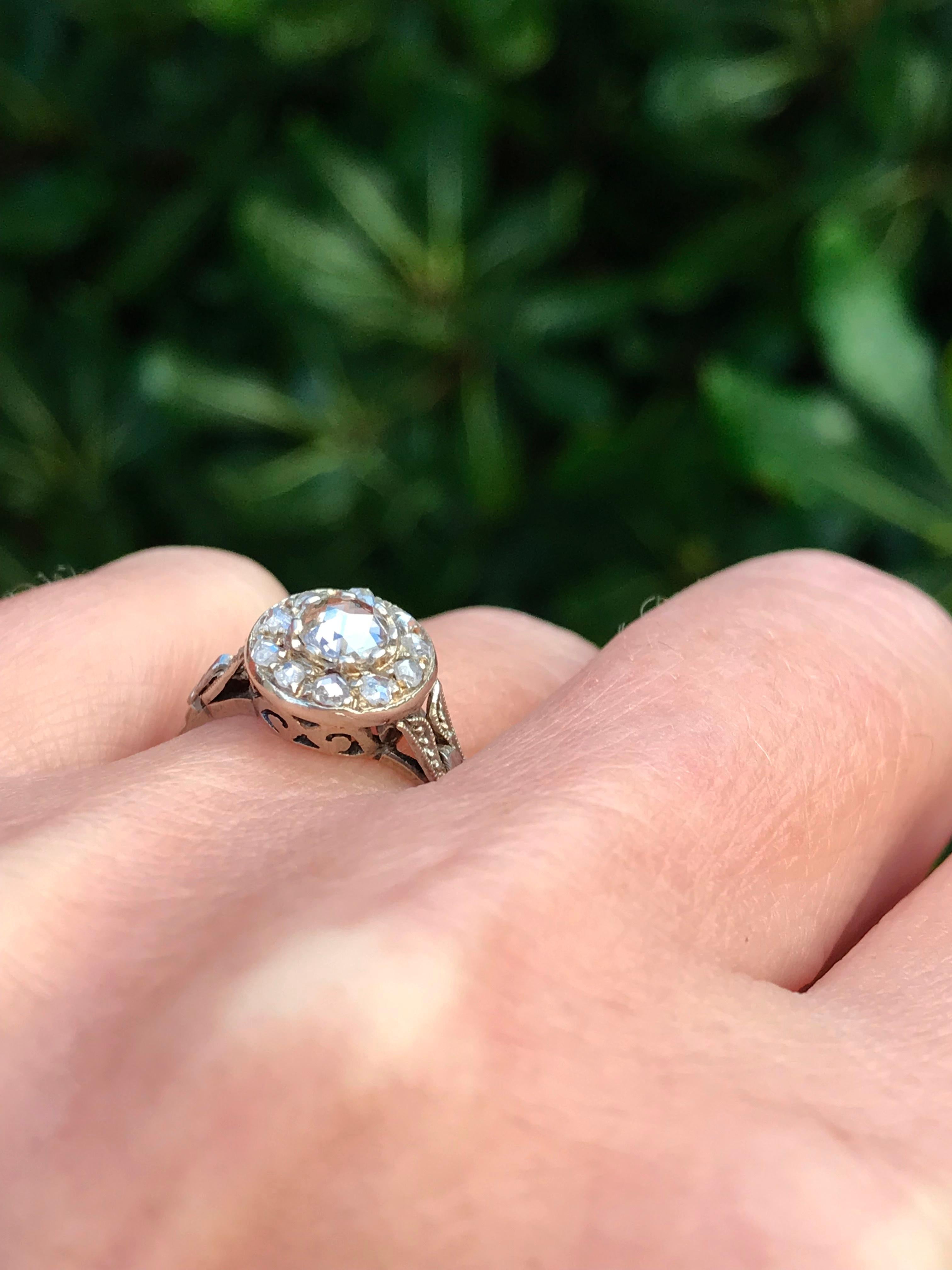Vintage white gold ring with a light brown 0,25 carat rose cut diamond and 10 white rose cut diamond total weight around  0,20 ct.
handcrafted lovely ring from early twentieth century  Circa 1920.
Ring size 5 3/4 USA , 51 UE resizable
