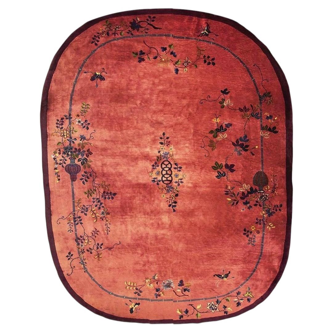 1920s Rose Field Floral Antique Chinese Knotted Wool Art Deco Room Size Oval Rug