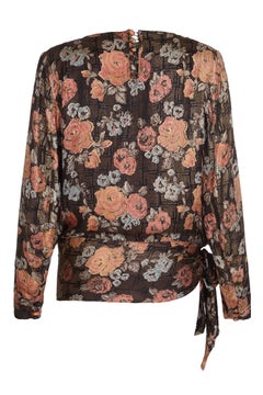 1920s Rose Printed Lamé Drop Waist Blouse With Tie Detail