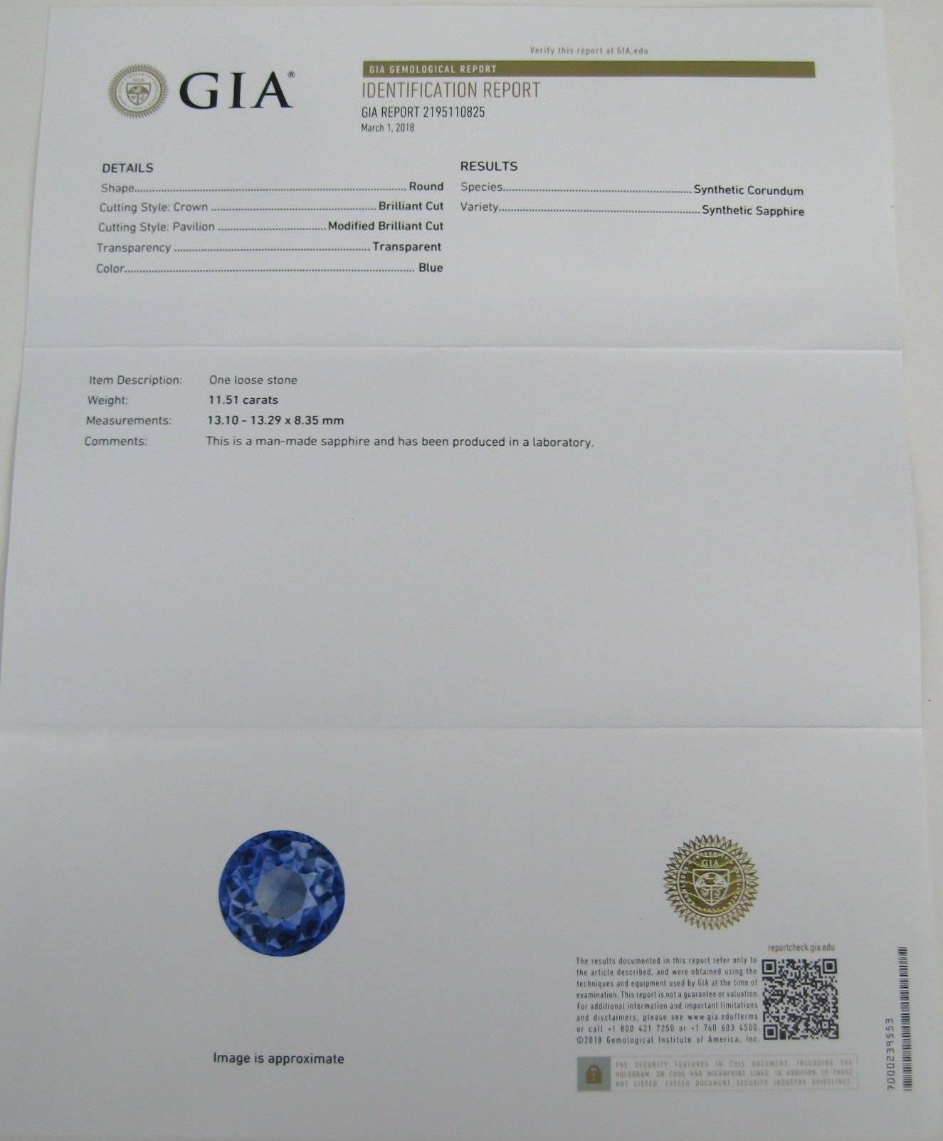Bague de fiançailles en or 14 carats avec saphir synthétique de taille ronde de 11,5 carats certifié par le GIA  en vente 9