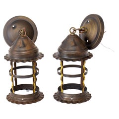 Antique 1920s Round Metal Lanterns, a Pair