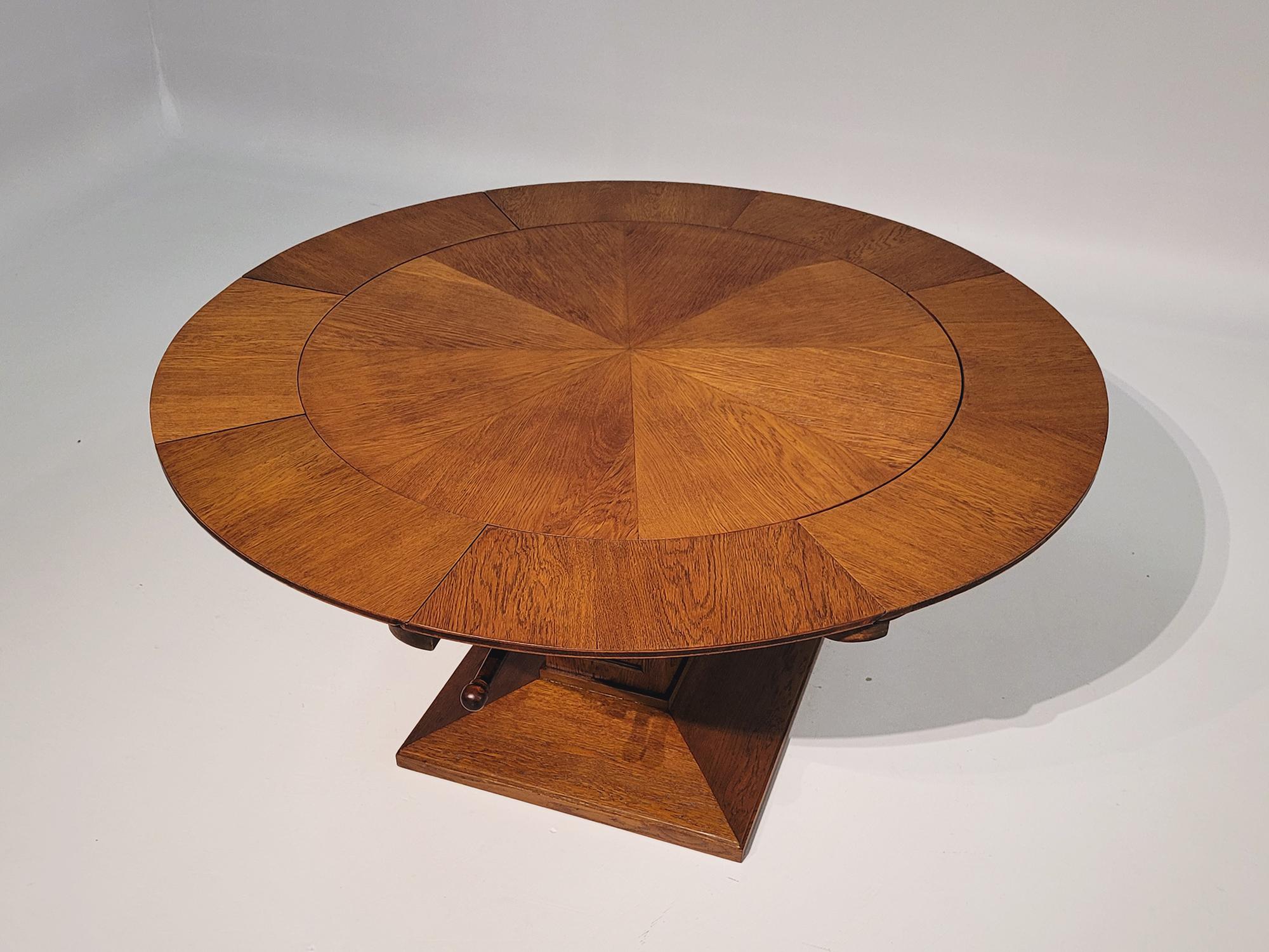 Oak 1920s Round Table with Special Mechanism, Rare Ability to Increase Its Diameter