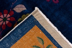 1920s Royal Blue Chinese Art Deco Peking Rug, Gold Borders, Pink Accents