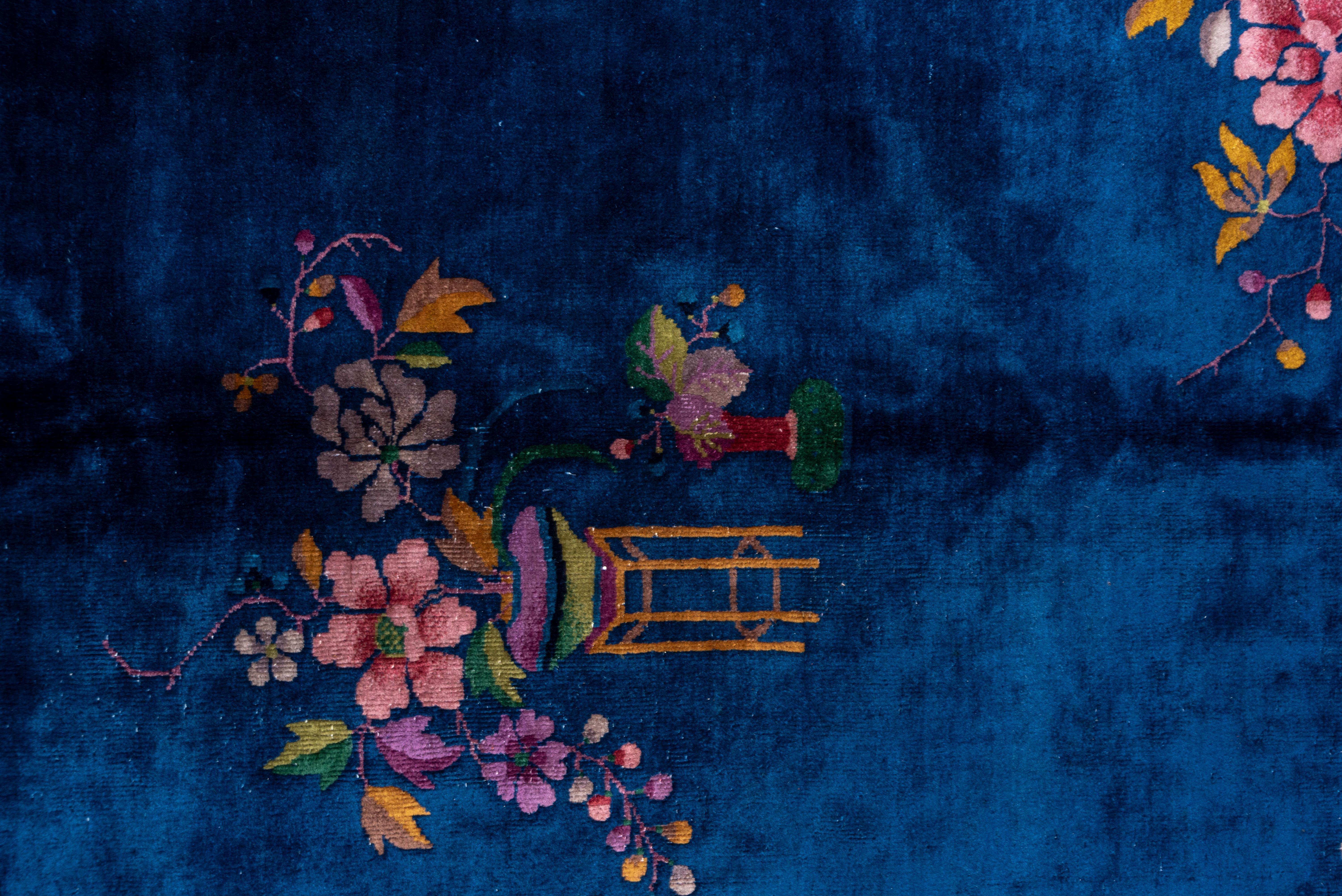 Hand-Knotted 1920s Royal Blue Chinese Art Deco Peking Rug, Gold Borders, Pink Accents