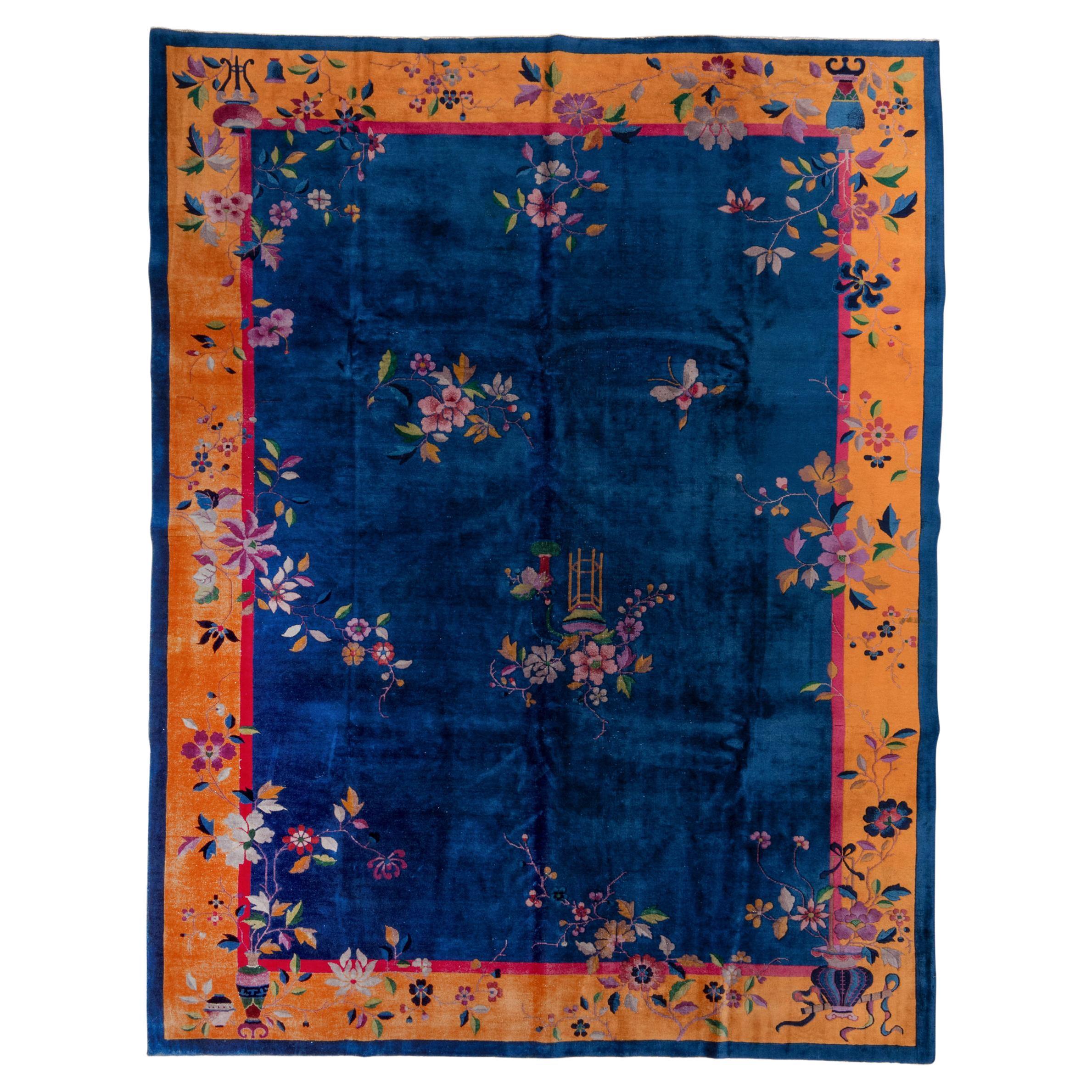 1920s Royal Blue Chinese Art Deco Peking Rug, Gold Borders, Pink Accents