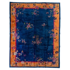 1920s Royal Blue Chinese Art Deco Peking Rug, Gold Borders, Pink Accents