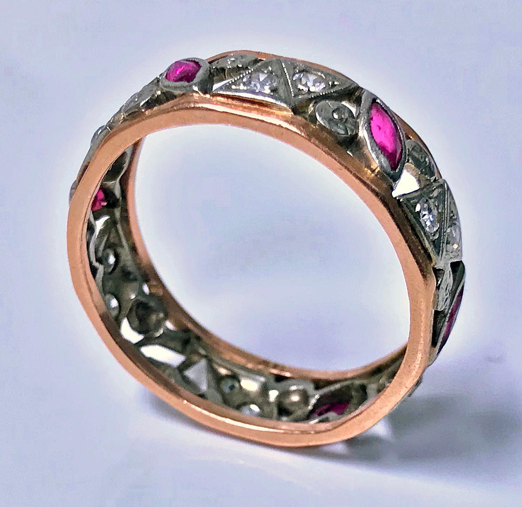 Marquise Cut 1920s Ruby and Diamond 14 Karat Ring