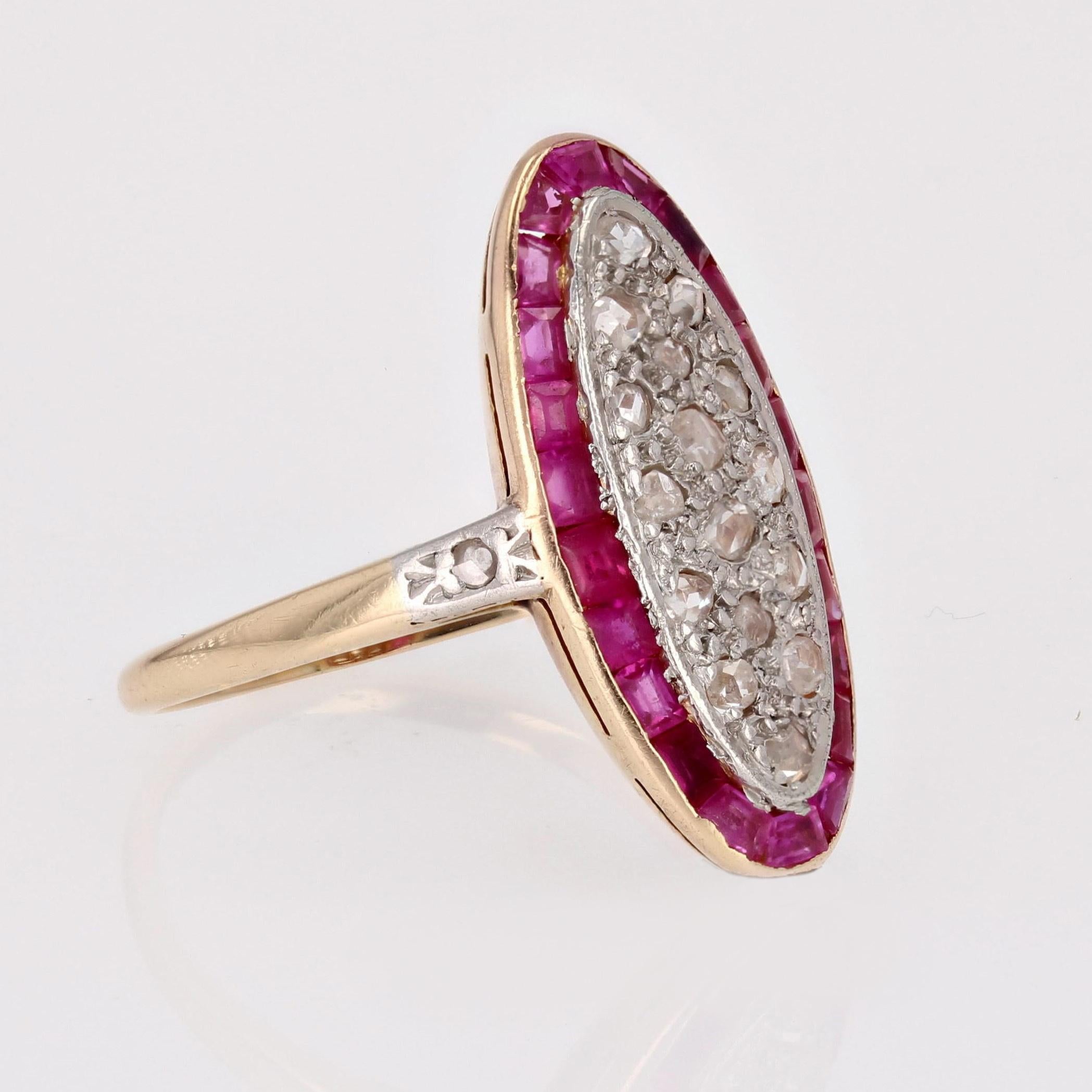 1920s Ruby Diamonds 18 Karat Yellow Gold Platinum Shuttle Shape Ring For Sale 1