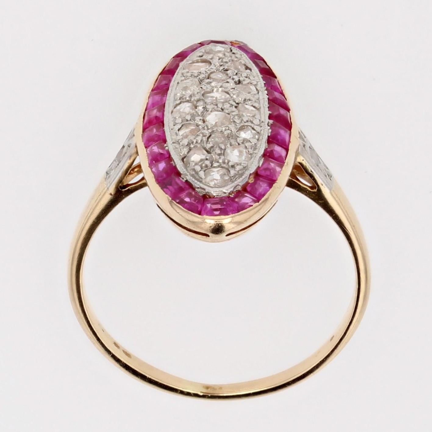 1920s Ruby Diamonds 18 Karat Yellow Gold Platinum Shuttle Shape Ring For Sale 5