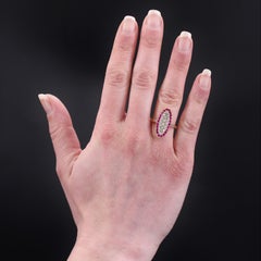 1920s Ruby Diamonds 18 Karat Yellow Gold Platinum Shuttle Shape Ring