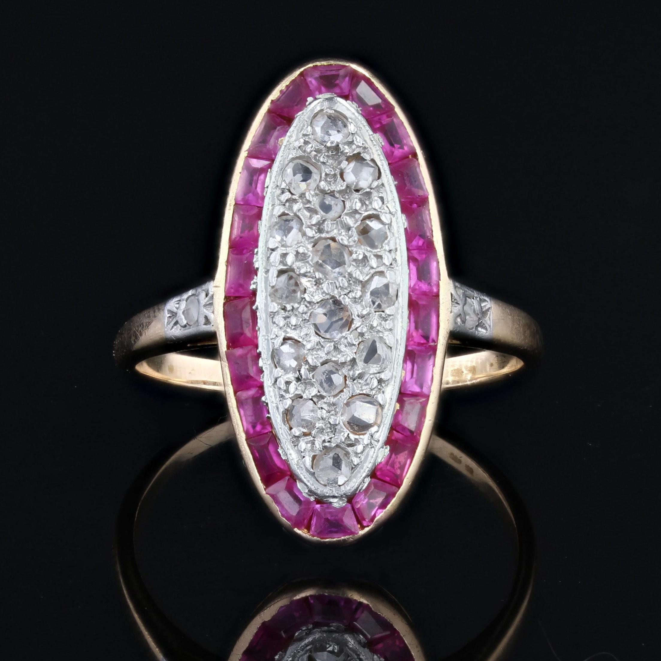 1920er Jahre Shuttle-Ring, Rubin, Diamanten, 18 Karat Gelbgold, Platin im Zustand „Gut“ im Angebot in Poitiers, FR