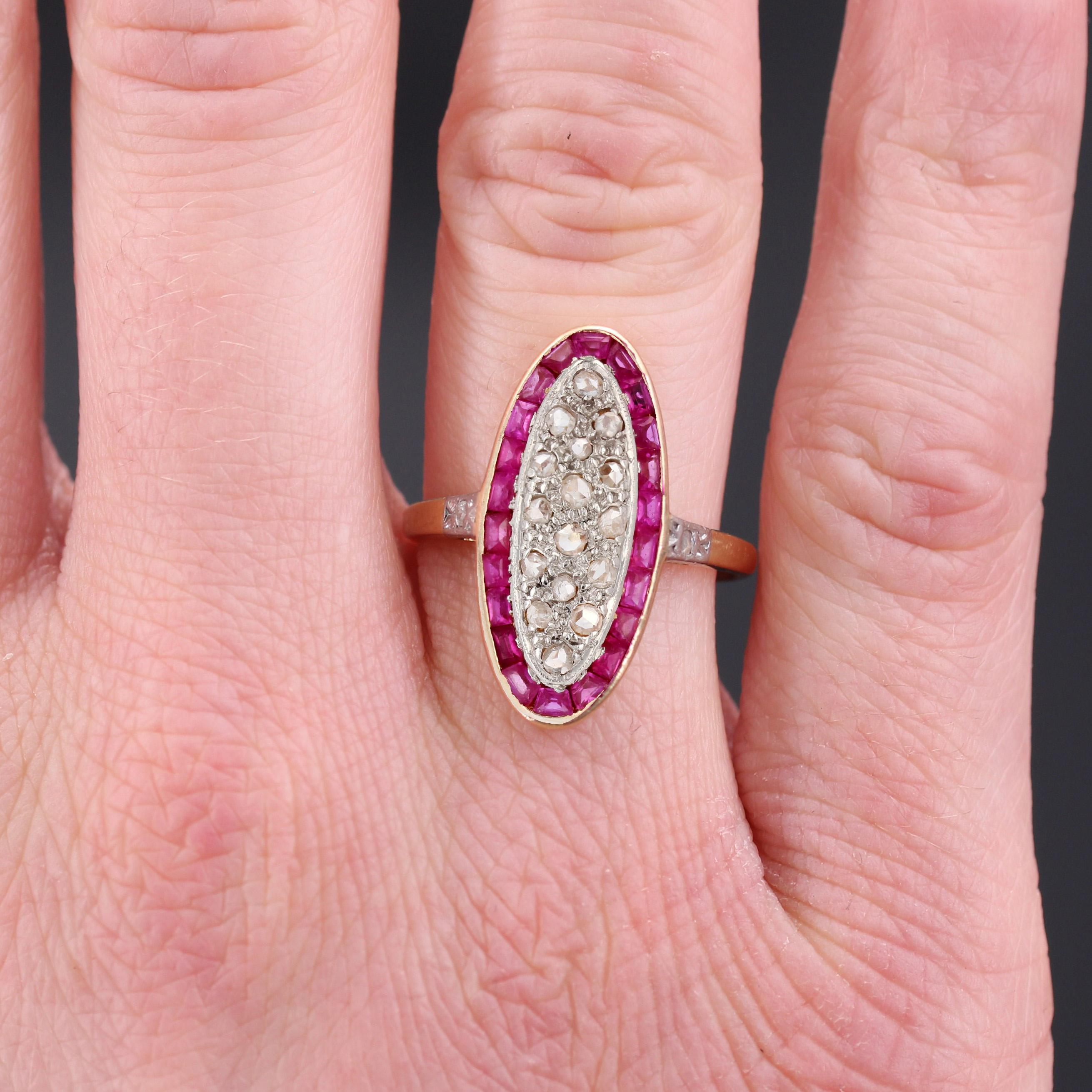 Belle Époque 1920s Ruby Diamonds 18 Karat Yellow Gold Platinum Shuttle Shape Ring For Sale