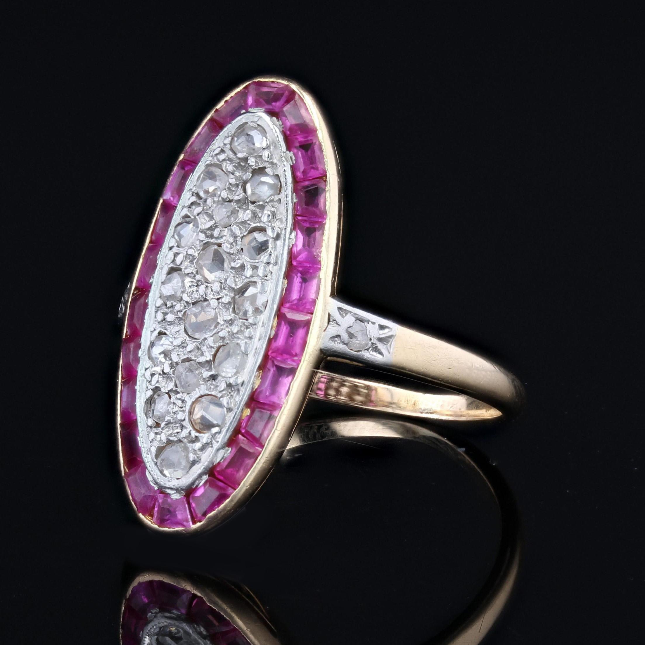 Rose Cut 1920s Ruby Diamonds 18 Karat Yellow Gold Platinum Shuttle Shape Ring For Sale