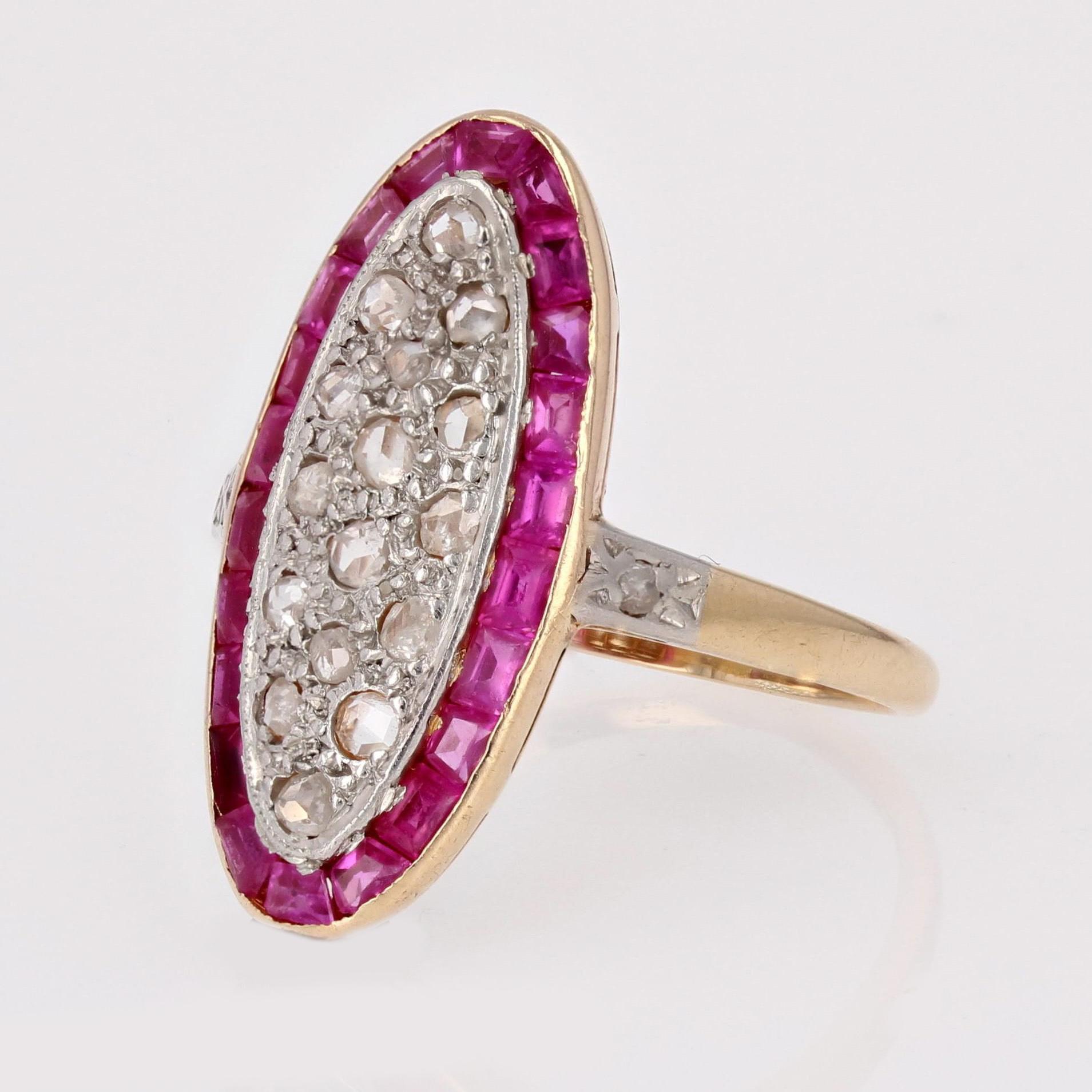 1920s Ruby Diamonds 18 Karat Yellow Gold Platinum Shuttle Shape Ring In Good Condition For Sale In Poitiers, FR