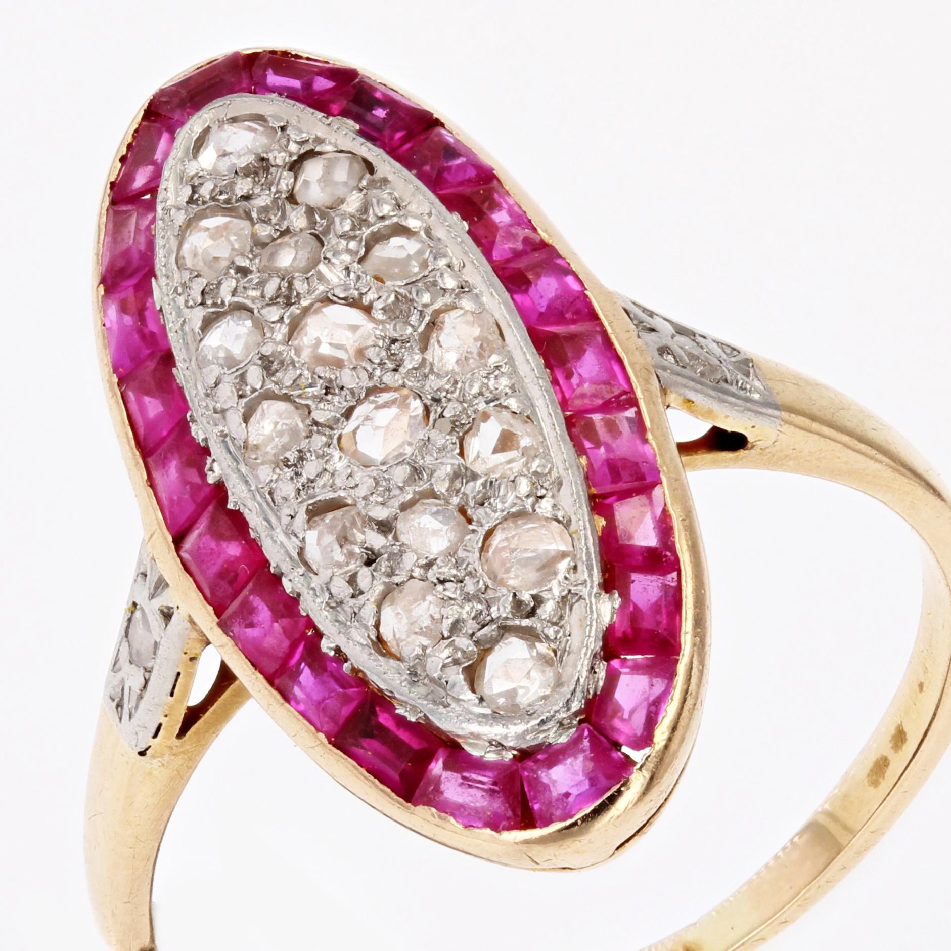 Women's 1920s Ruby Diamonds 18 Karat Yellow Gold Platinum Shuttle Shape Ring For Sale