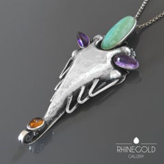 1920s Rudolf Feldmann Large Art Deco Jade Amethyst Citrine Silver Pendant
