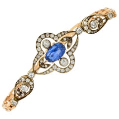 Bracelet russe en or 14 carats avec diamants et saphir de Ceylan de 4,00 carats, sans chaleur, années 1920