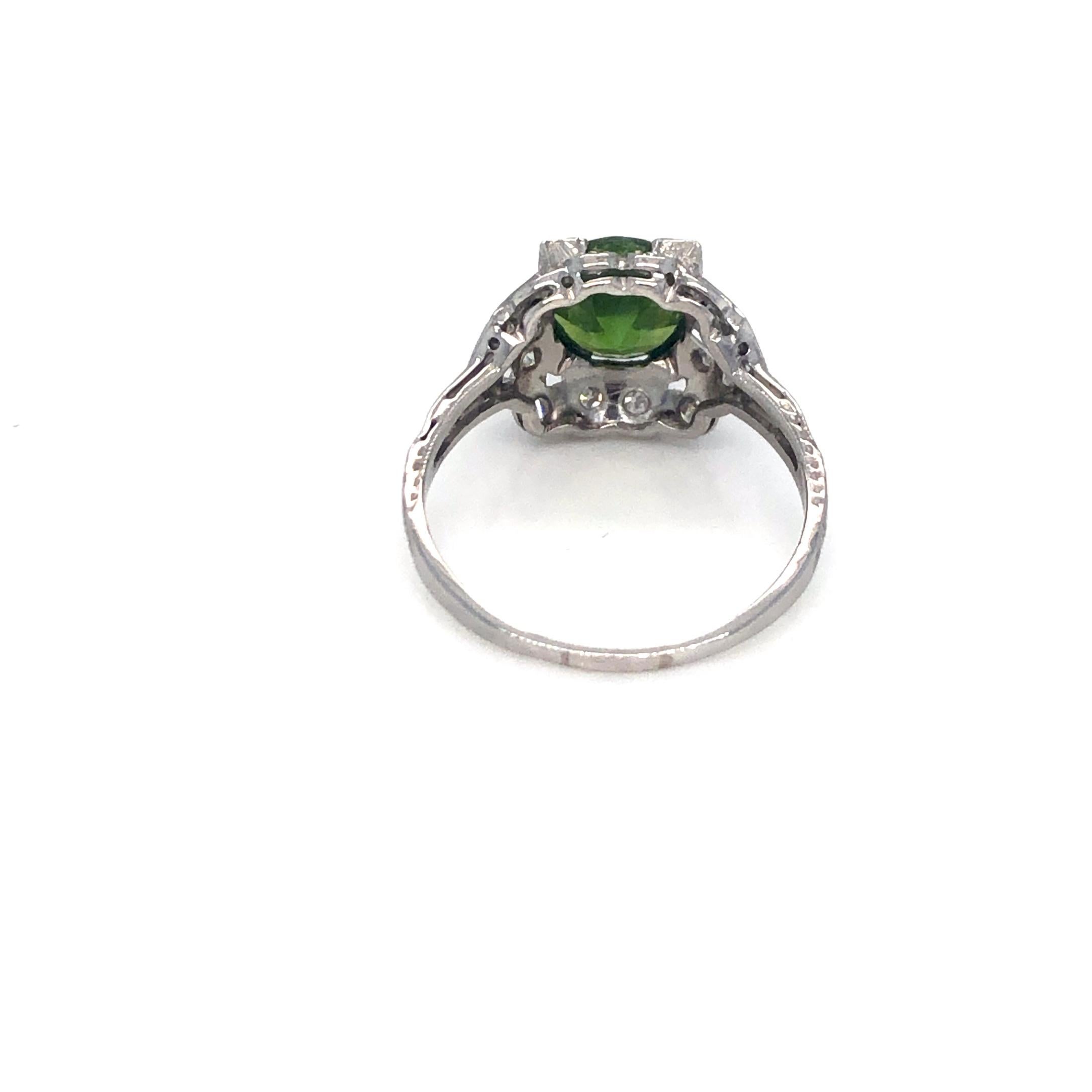 1920's Russian Ural Demantoid Garnet and Diamond Ring in Platinum In Excellent Condition For Sale In Dallas, TX