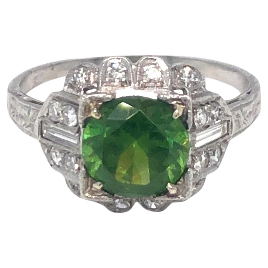 1920's Russian Ural Demantoid Garnet and Diamond Ring in Platinum For Sale