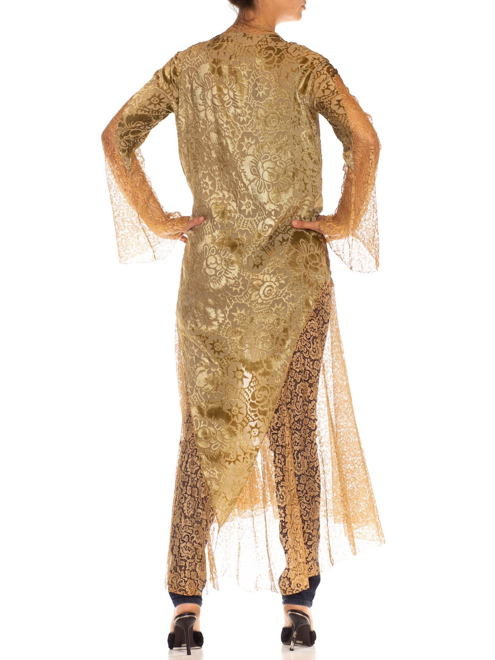 1920S Sage & Tan Burn Out Velvet Lace Wrap Dress Robe 3