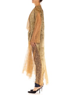 Samt-Spitzen-Wickelkleid in Salbei & Hellbraun aus den 1920er Jahren