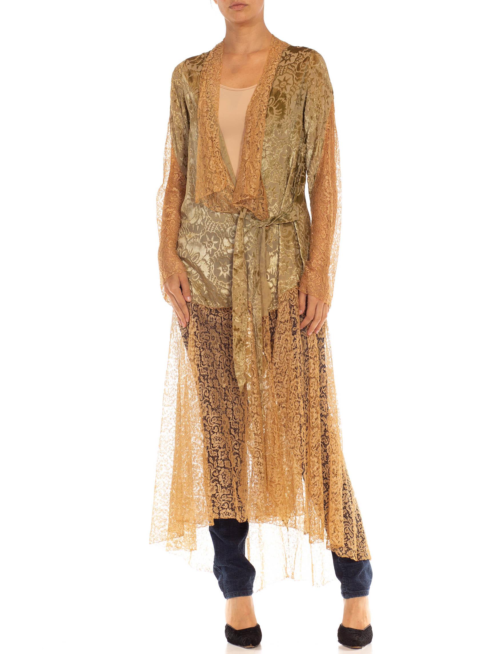 Brown 1920S Sage & Tan Burn Out Velvet Lace Wrap Dress Robe