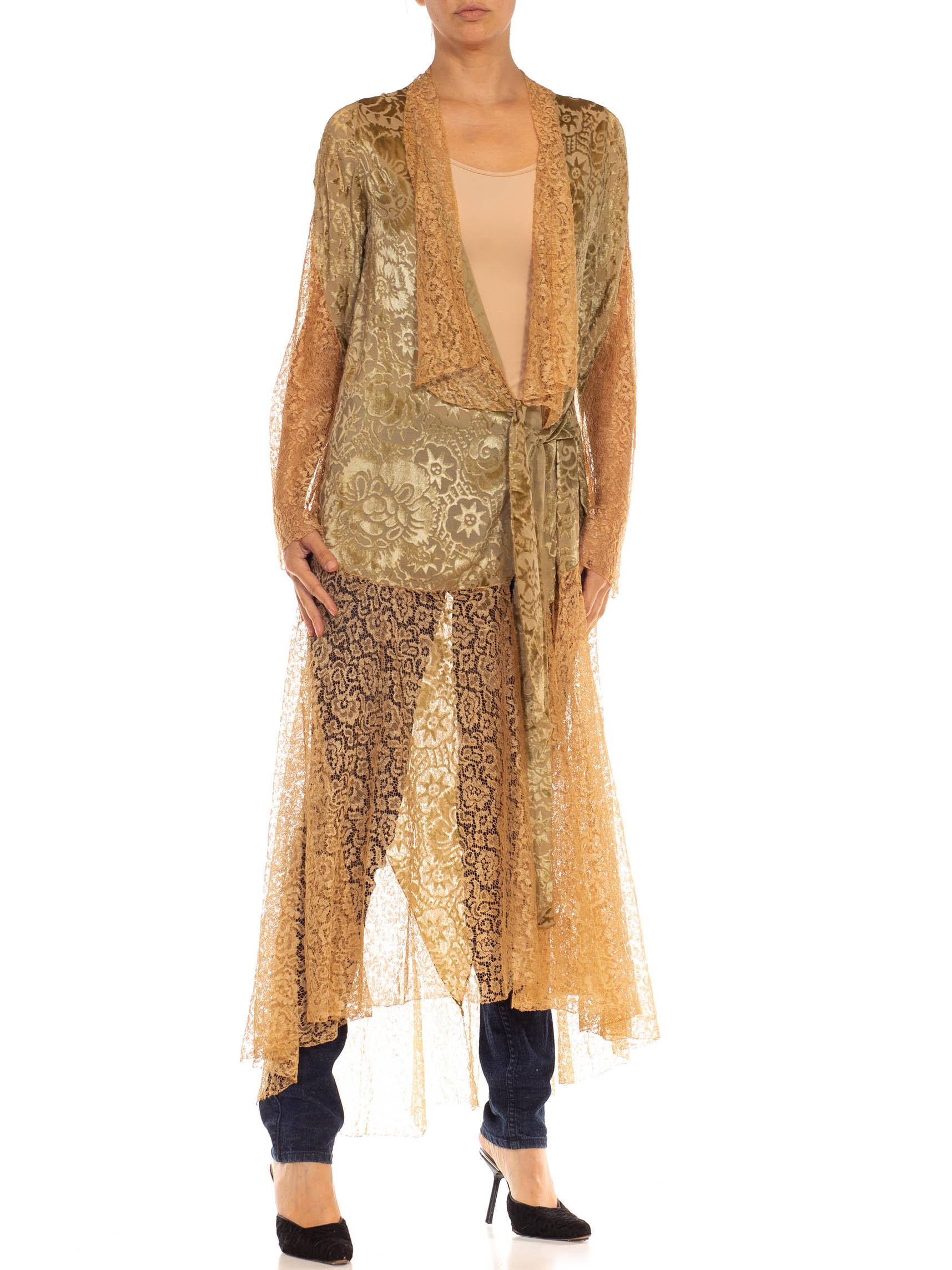 Women's 1920S Sage & Tan Burn Out Velvet Lace Wrap Dress Robe