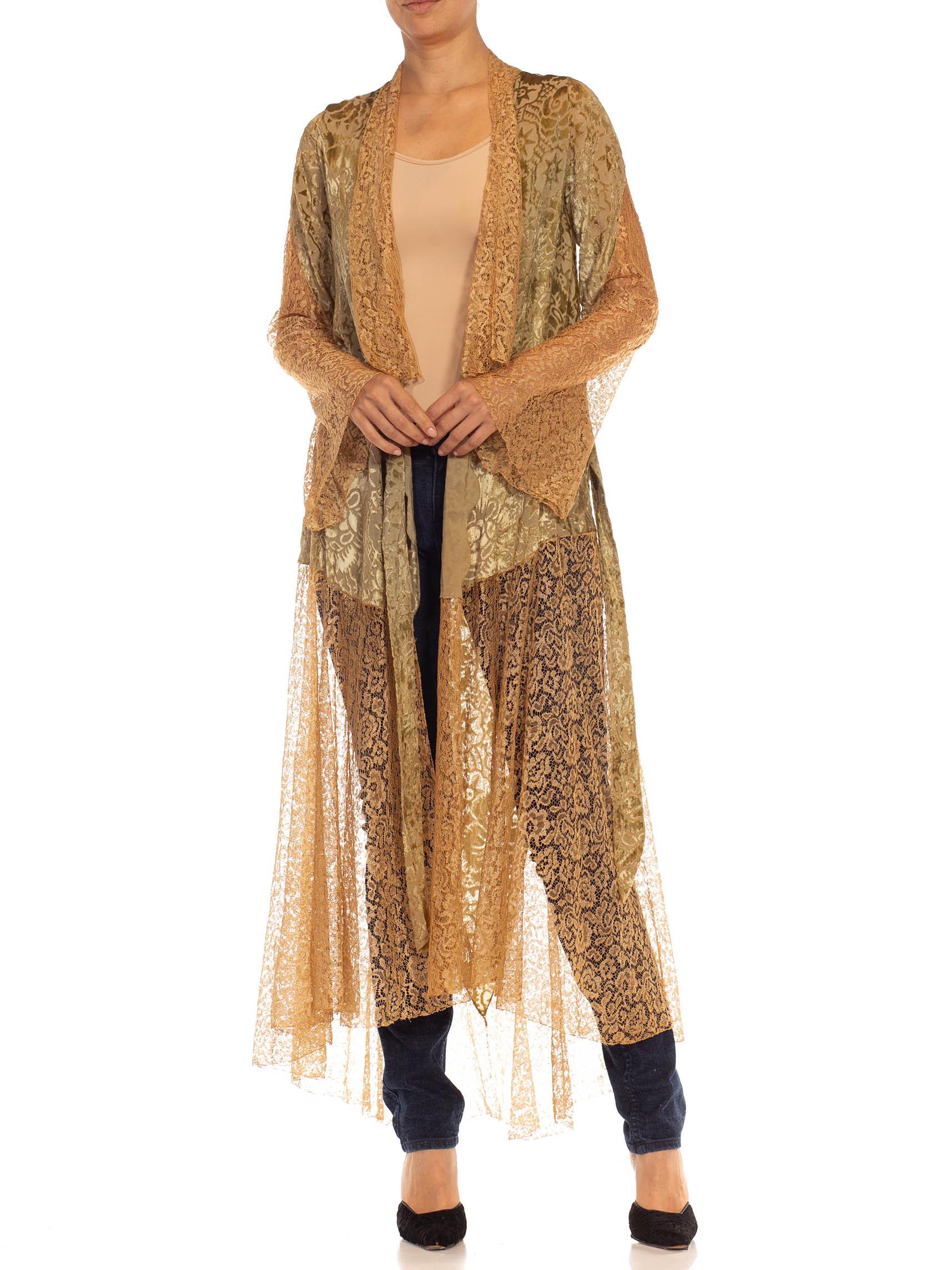 1920S Sage & Tan Burn Out Velvet Lace Wrap Dress Robe 1