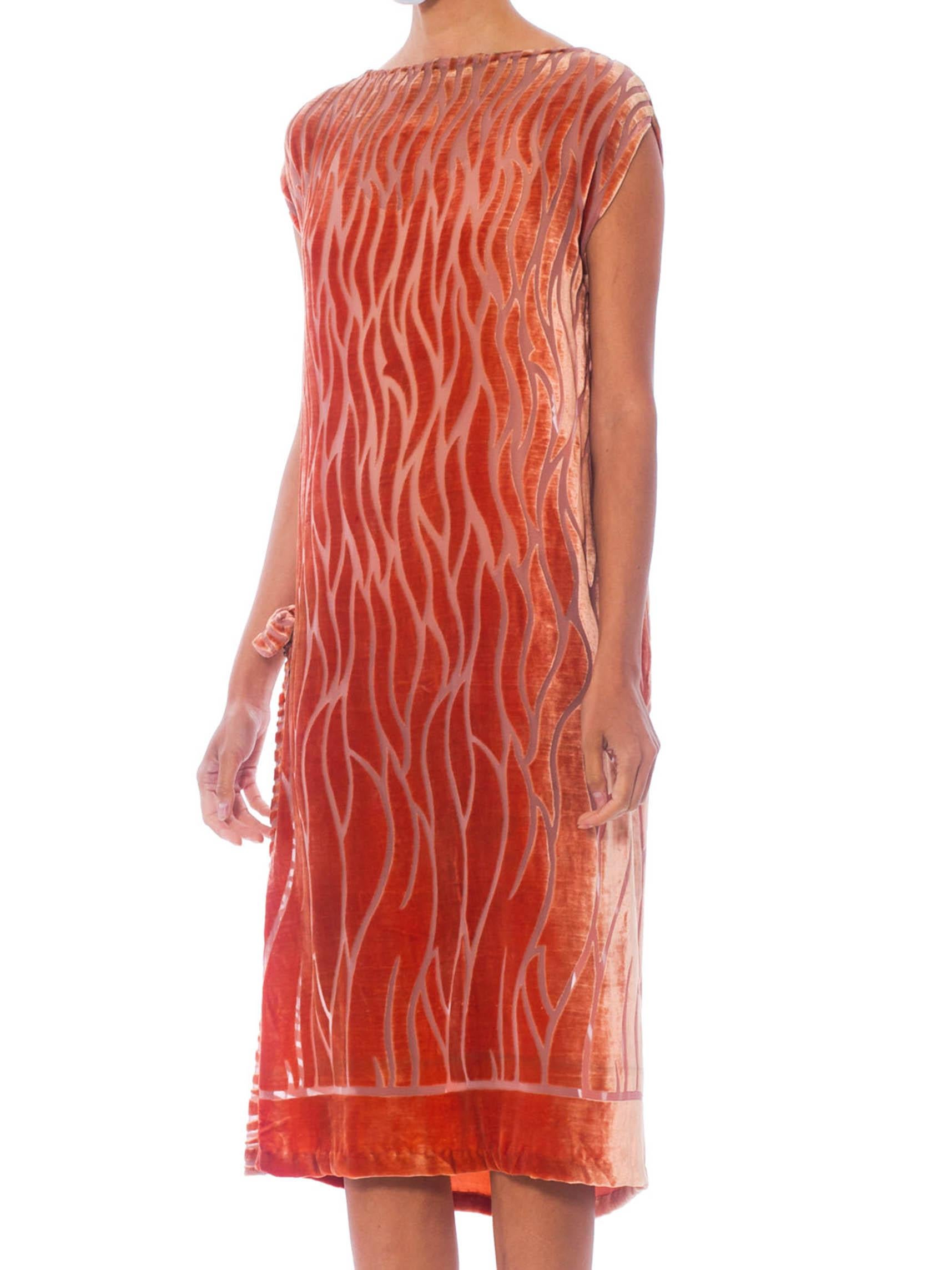 Orange 1920S Salmon Silk Burnout Velvet  Dress With Rhinestone Brooch & Side Slit For Sale