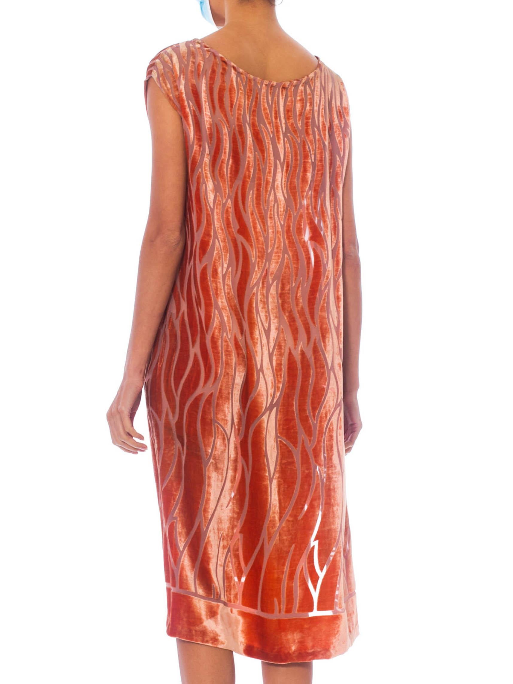 1920S Salmon Silk Burnout Velvet  Dress With Rhinestone Brooch & Side Slit For Sale 1