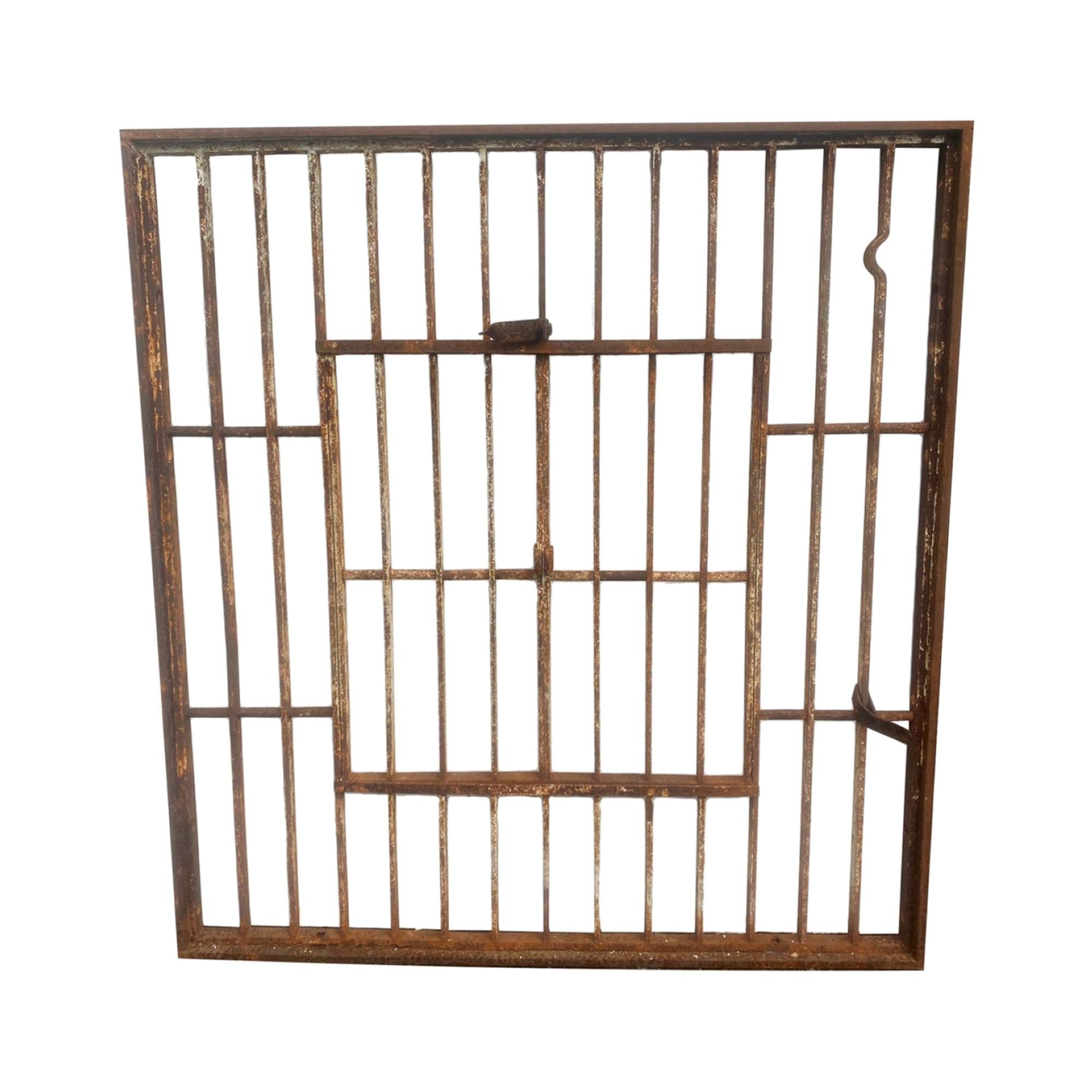 1920s Salvaged Wrought Iron Jail Style Window with Double Door Opening