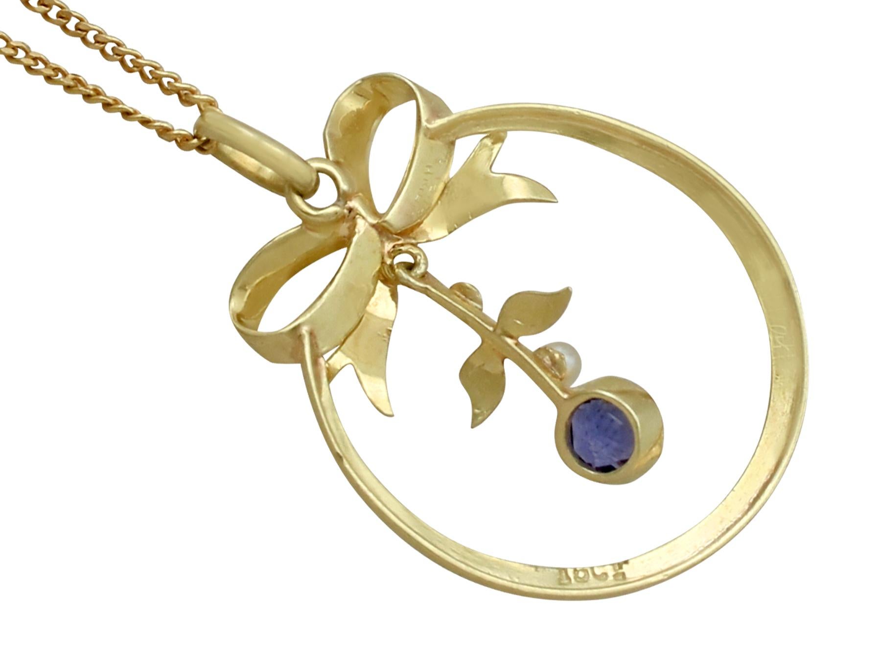 Round Cut 1920s Sapphire and Pearl, Yellow Gold Pendant